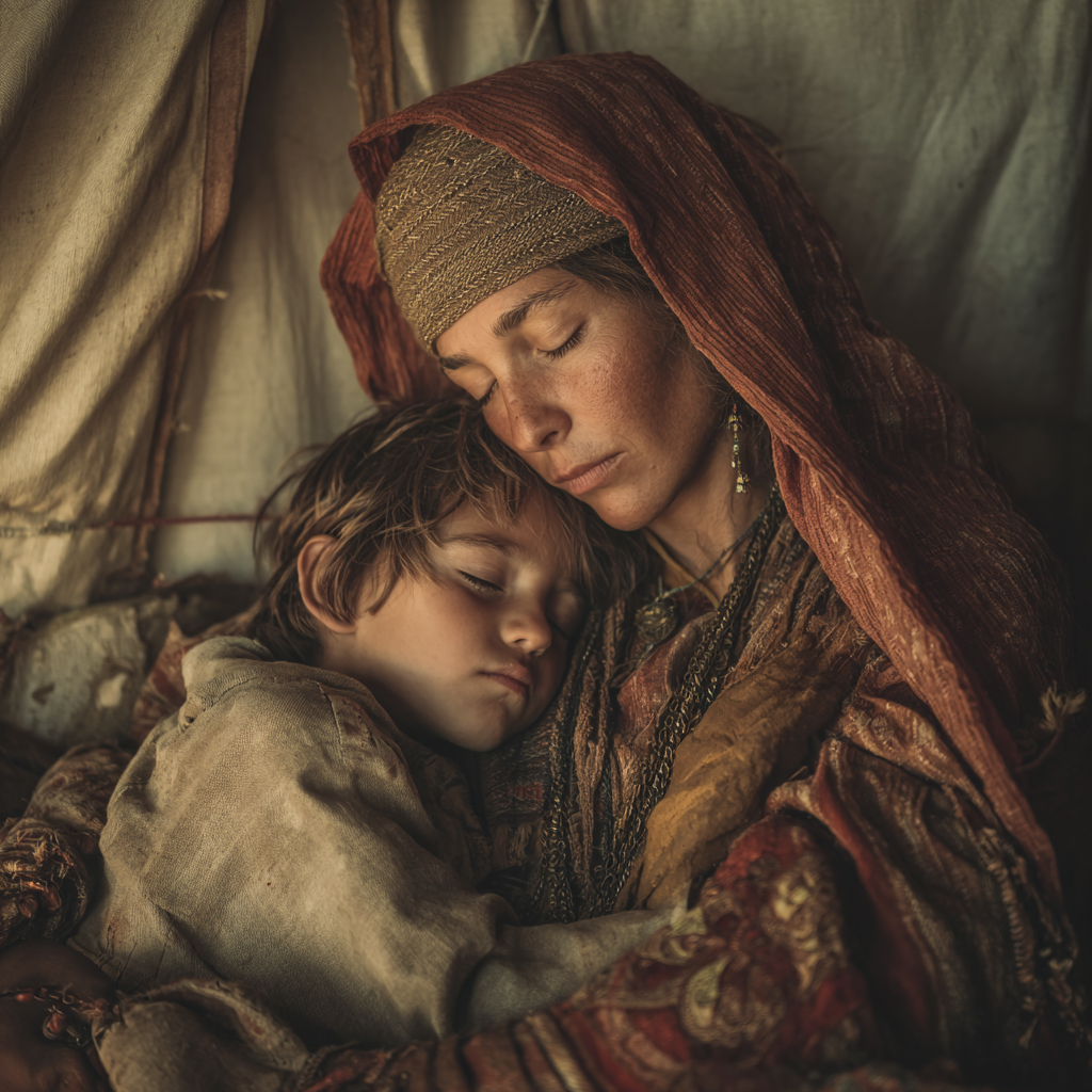 ancient nomadic woman with son content-image