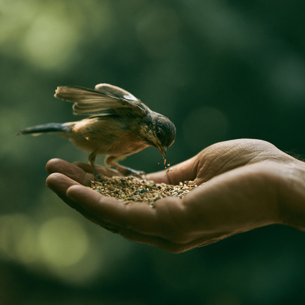 Bird eating food in hand content-image